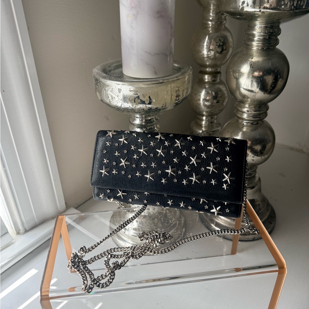 . Jimmy Choo: Milla Black Star-Studded Leather Chain Clutch Wallet - Picture 2 of 10